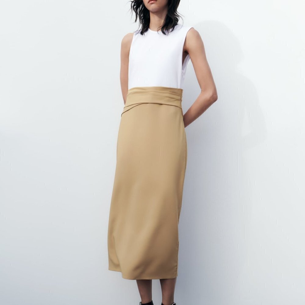 Zara White and Tan Midi Dress